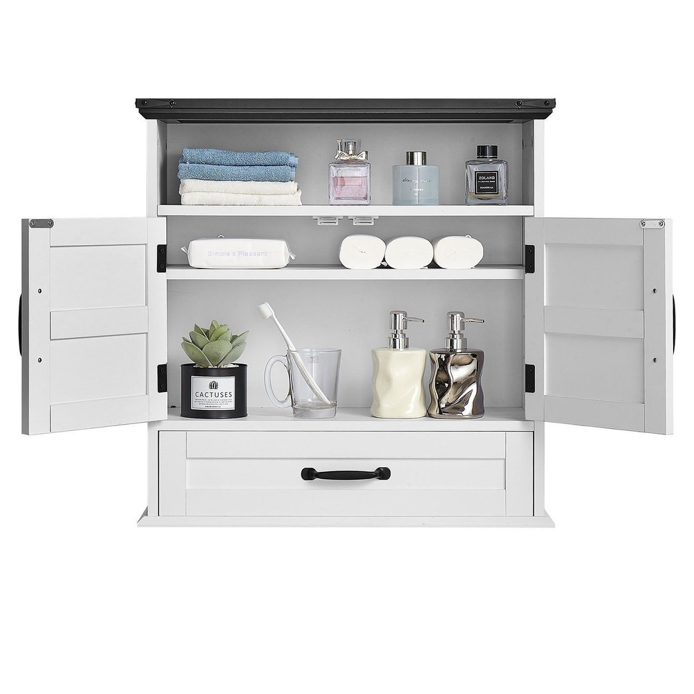 2-Door Wall Cabinet with Adjustable Shelf & Open Compartment, White
