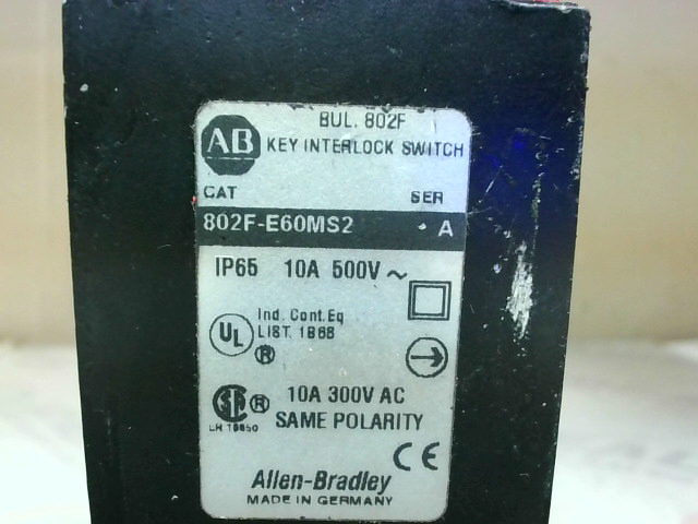 Allen Bradley 802F-E60MS2 /A Saftey Key Interlock Switch w/Key - Used