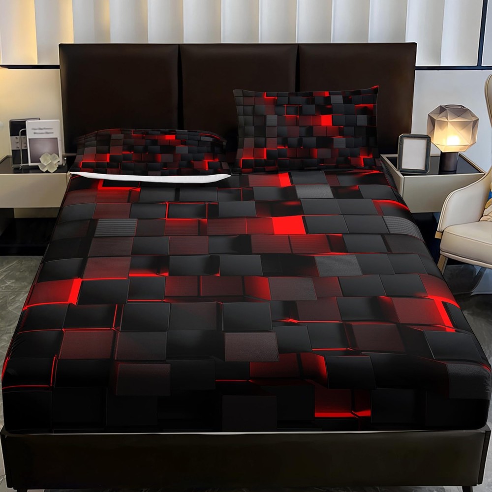 Soft Bedding Fitted Sheet Queen Size,Geometric Red Black Microfiber Fitted Sh...