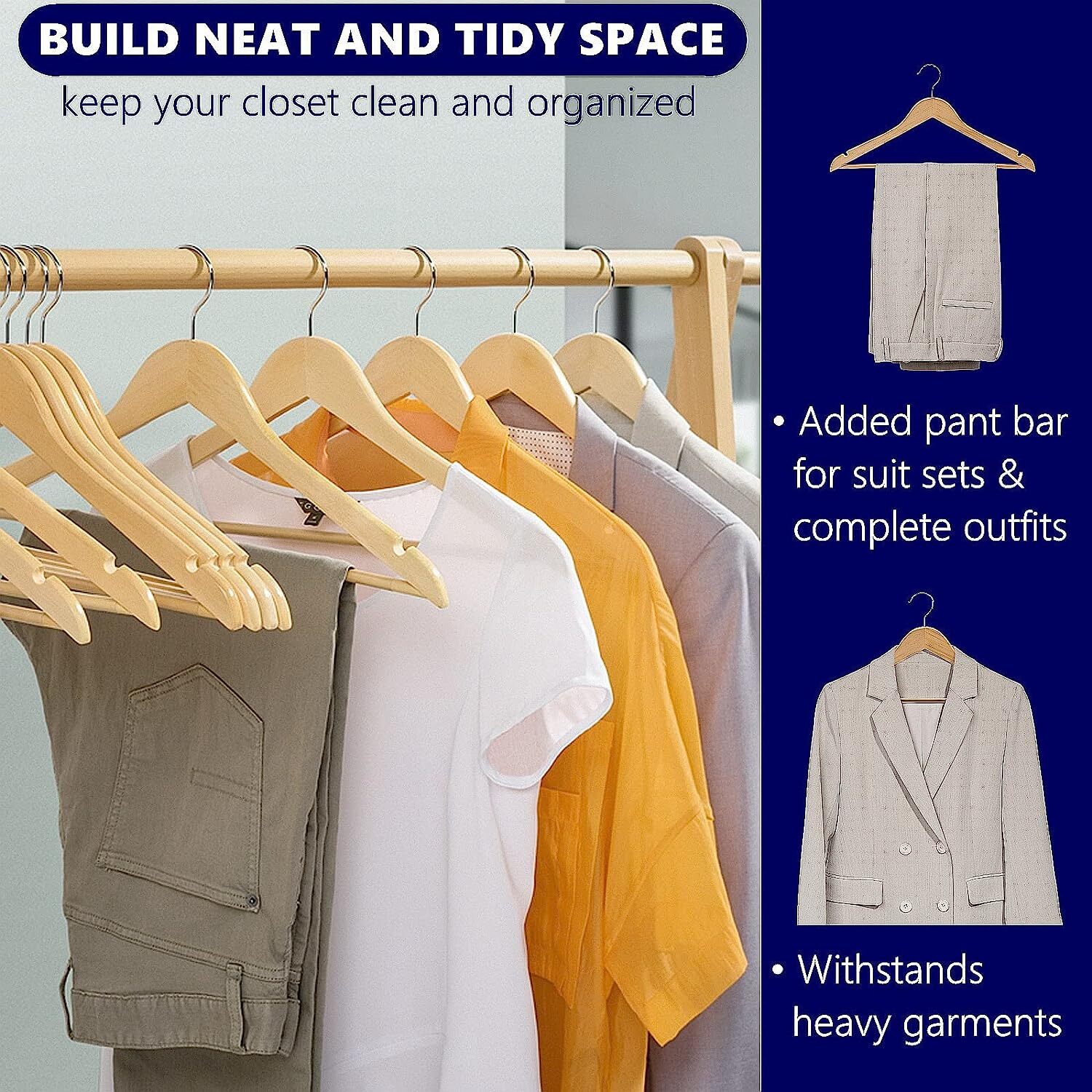 Wooden Hangers Pack of 20 & 50 & 100 Suit Hangers Premium Natural Finish Home US