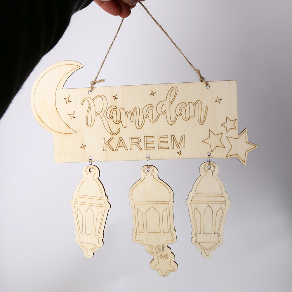Wooden Eid Mubarak Ramadan Crescent Pattern DIY Crafts J6P6