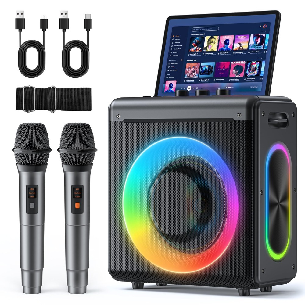 Karaoke Machine with 2 Wireless Rechargeable Microphones: Portable Bluetooth ...