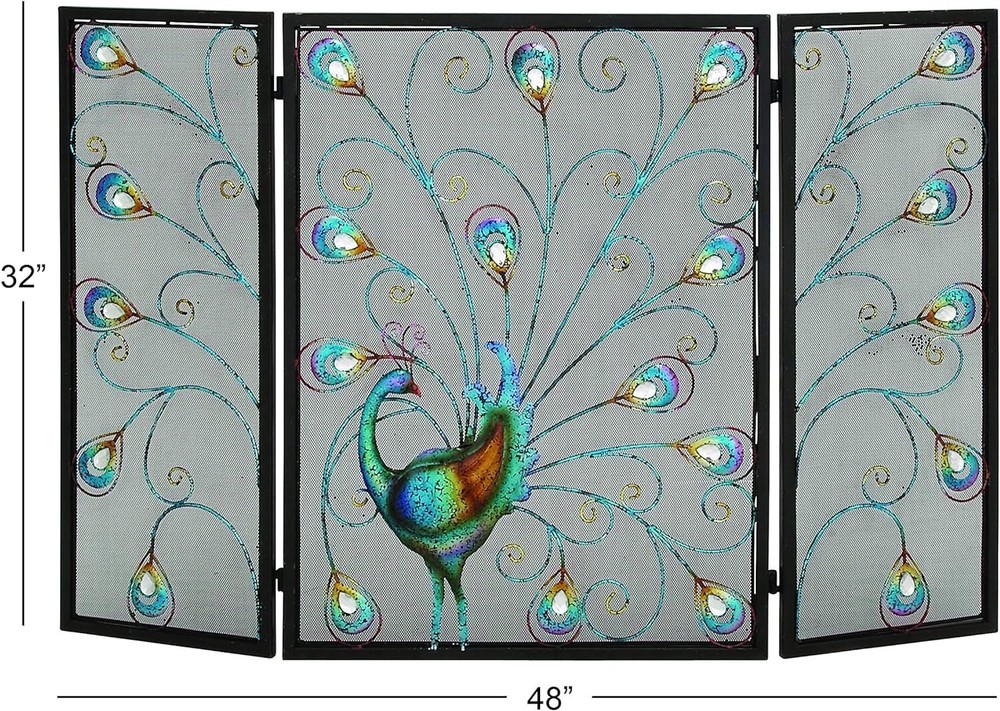 Metal Peacock Foldable Mesh Netting 3 Panel Fireplace Screen with Crystal Accent