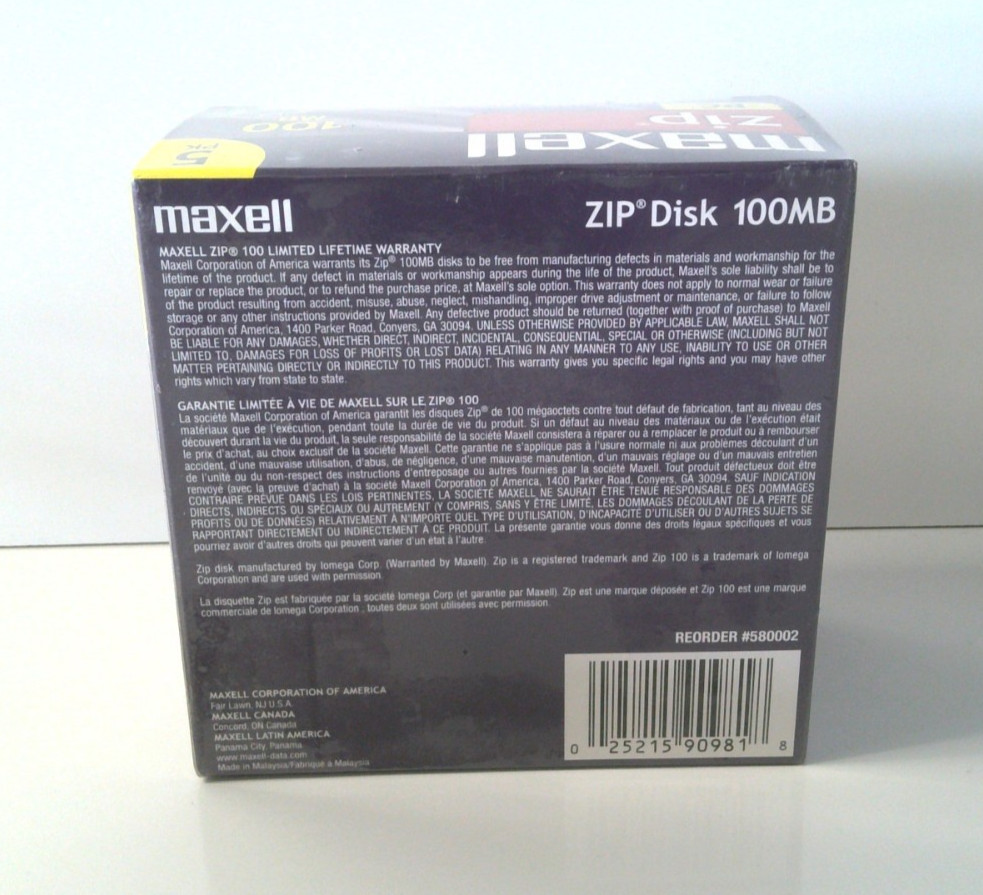 Maxell Zip Disk 5 Pack PC 100 MB Megabyte Sealed, New NOS