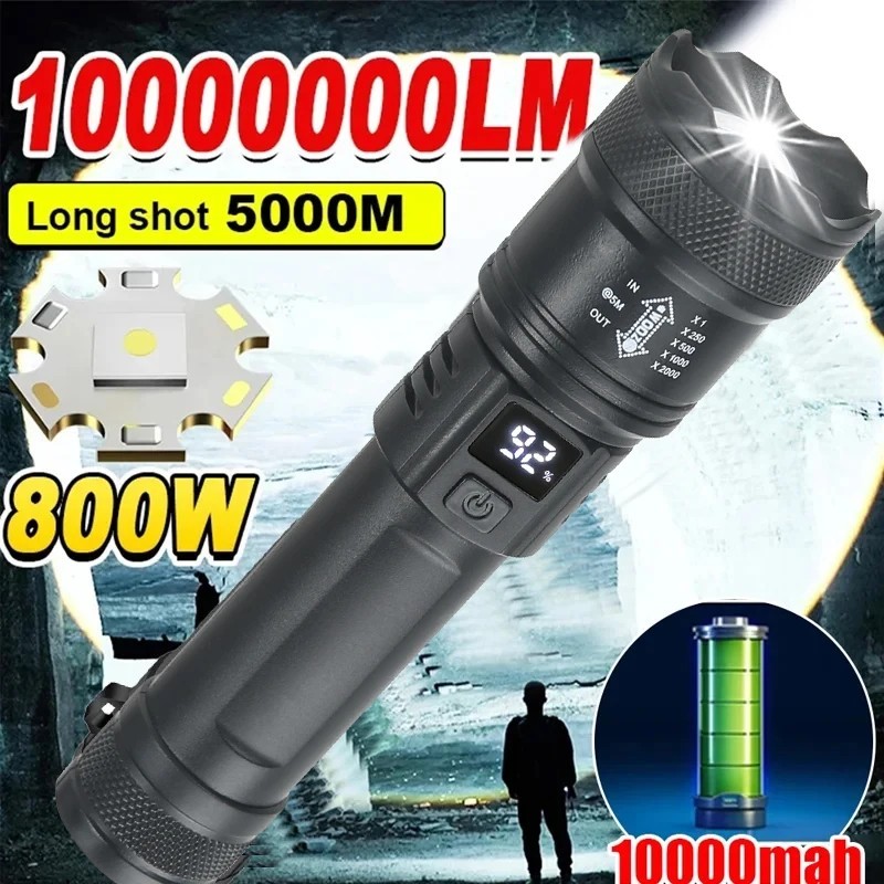 High Strong Power Led Flashlights 2000LM Tactical Torch with Display Light USB C