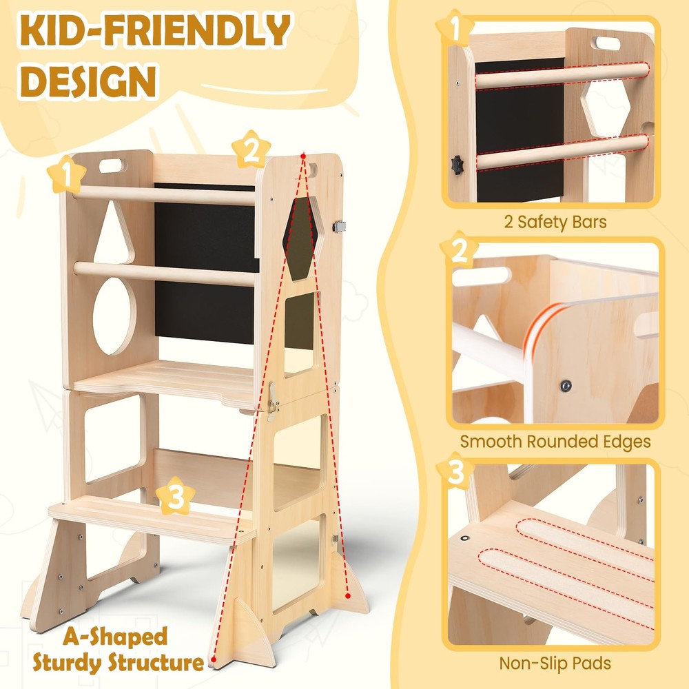 Foldable Toddler Kitchen Step Stool Learning Tower with Blackboard