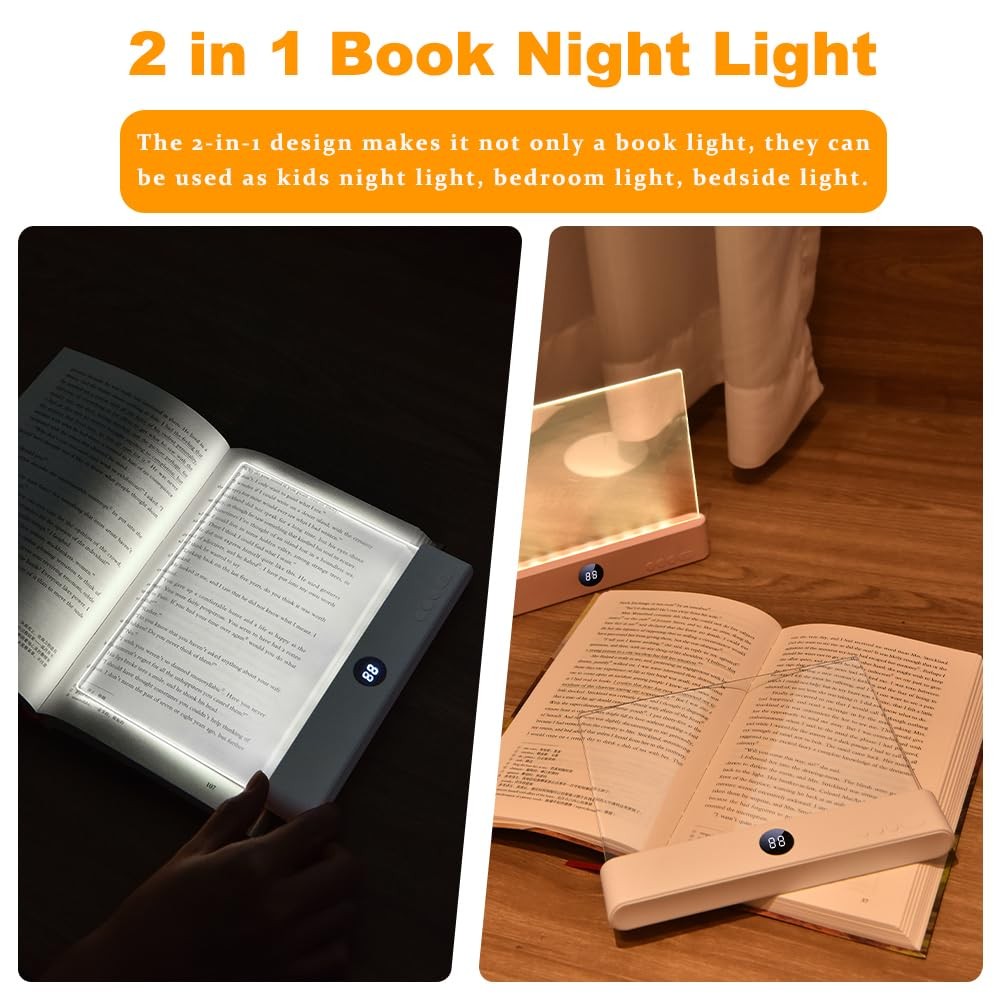 Book Light, Rechargeable Clear LED Flat Reading Light with 3 Colors & Timer, ...
