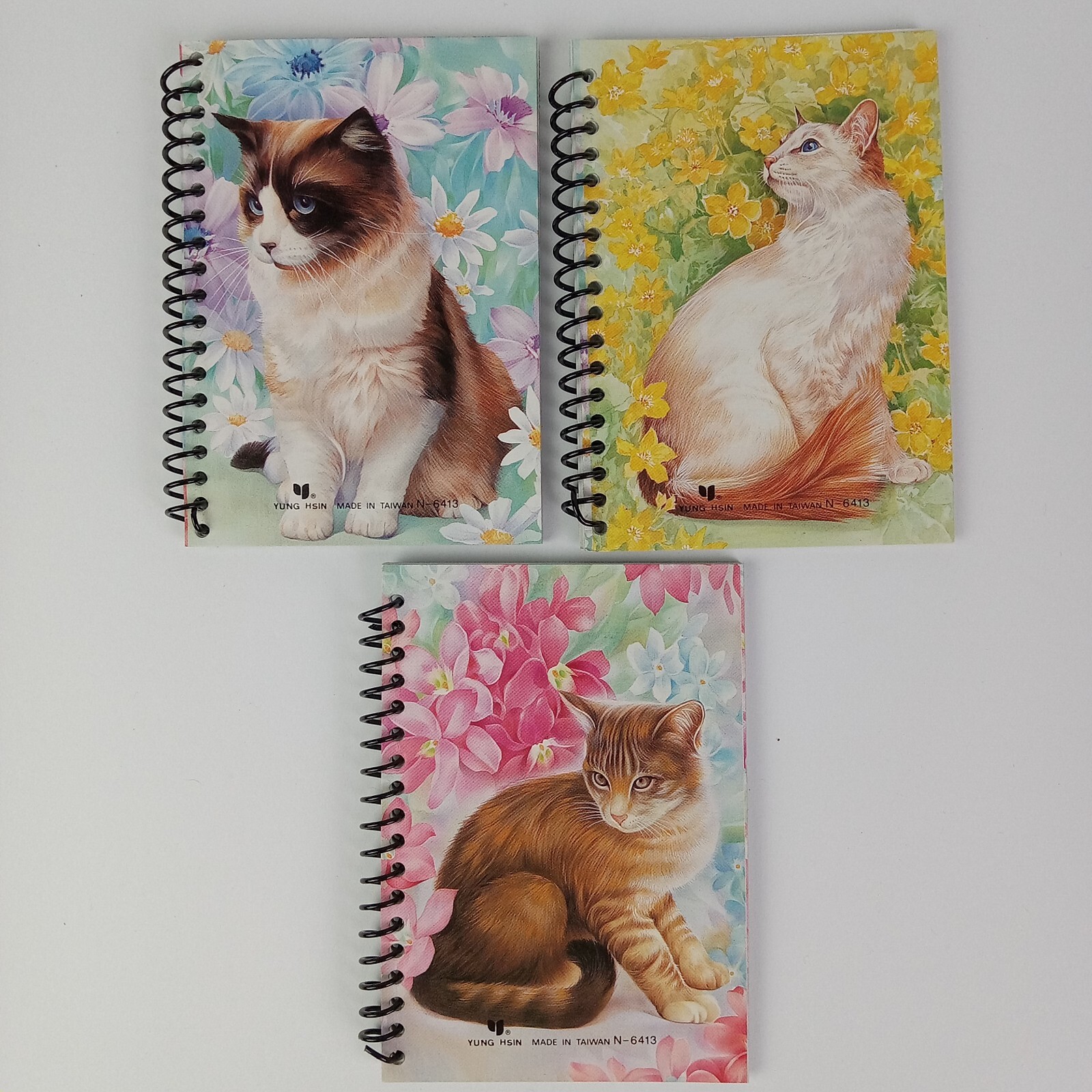 3 Vtg Cat Mini Notebooks Kitty Flowers 90s Lined Pages Spiral Yung Hsin READ