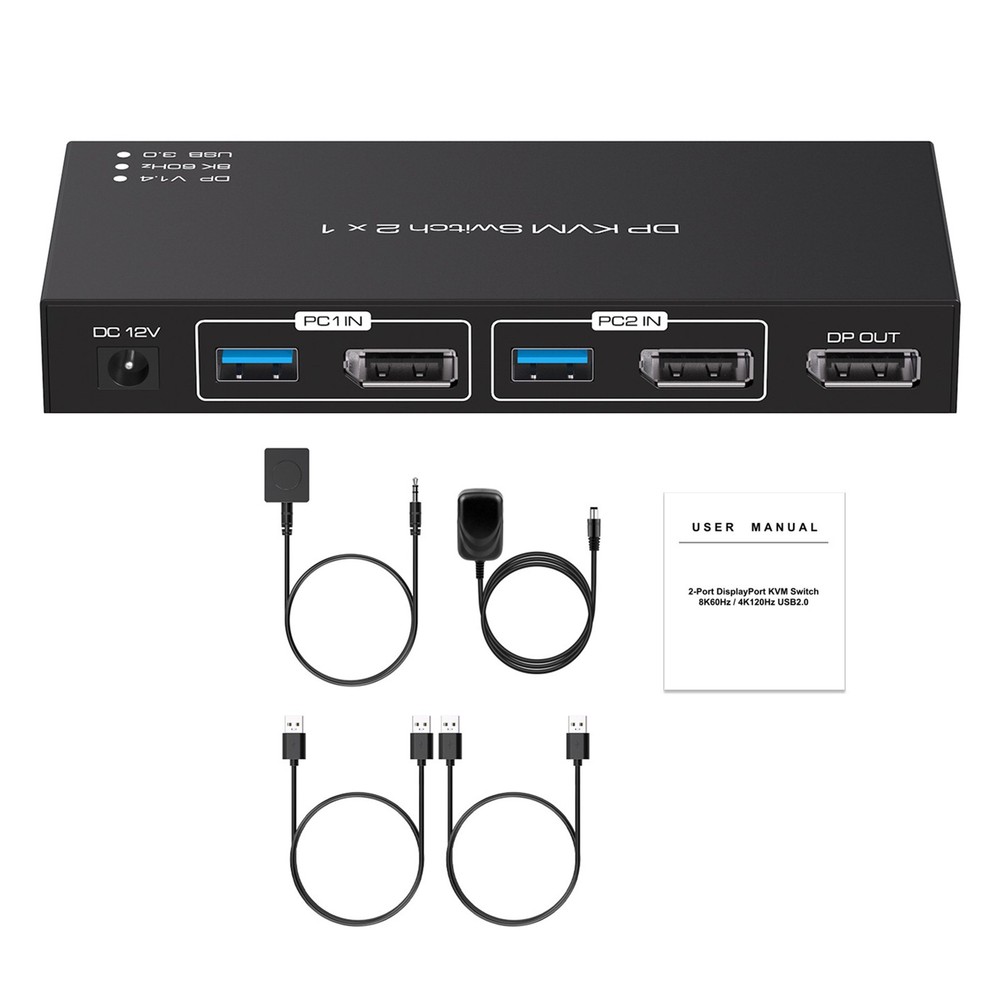 DC12V1A DP KVM USB Switch 2x1 Adapter Replacement For 2 Computers 1 Monitors