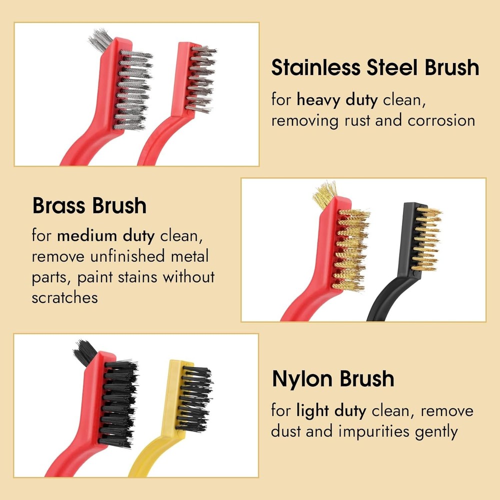 6-Piece Wire Brushes: Brass, Stainless Steel, and Nylon for Every Task
