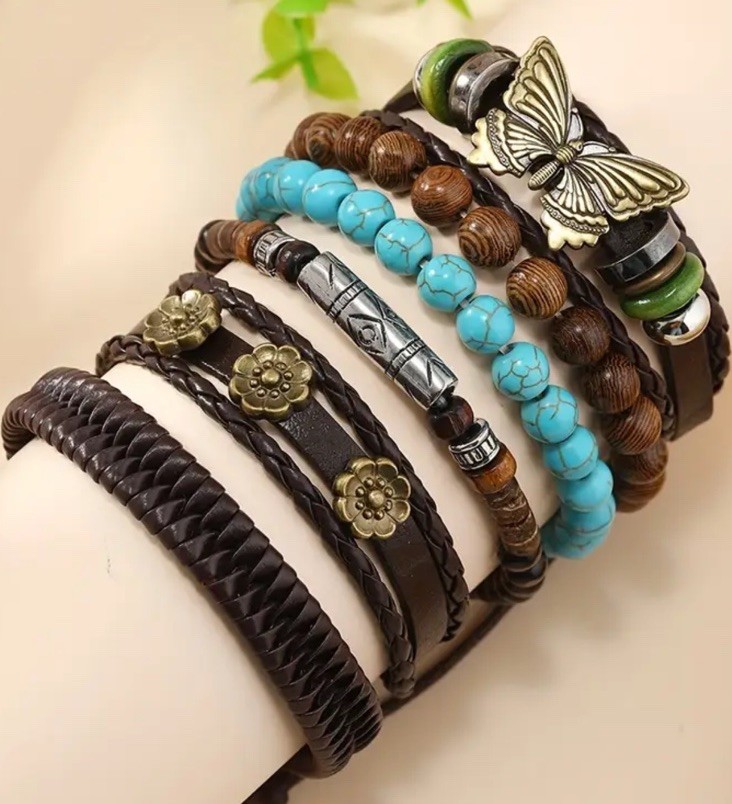 6 PC Leather Punk Bracelet Stackable Adjustable Tie New Free Ship B8547