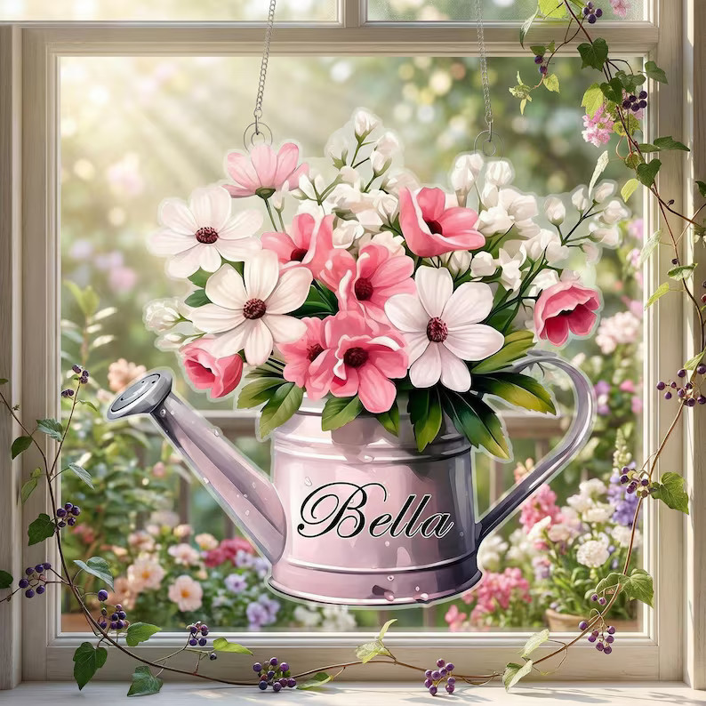 Personalized Floral Watering Can Suncatcher Acrylic Gift