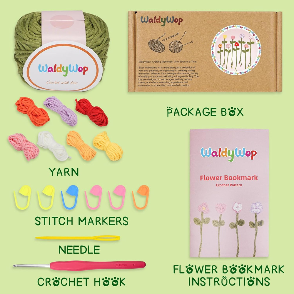 Beginner Crochet Kit: 8 Flower Bookmarks with Video Tutorials & Yarn Set
