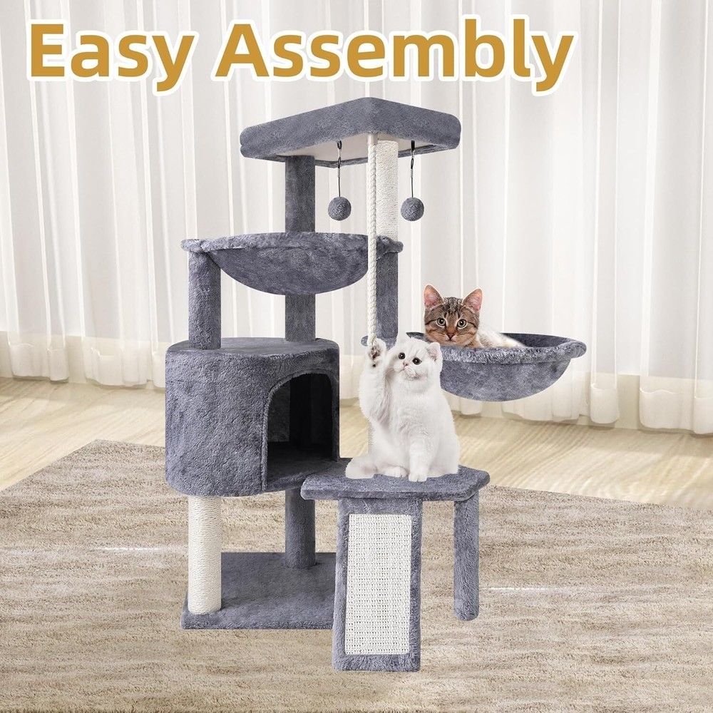 3-Layer Cat Tree Multi-Level Activity Center Cat Condo and Two Hammocks Grey
