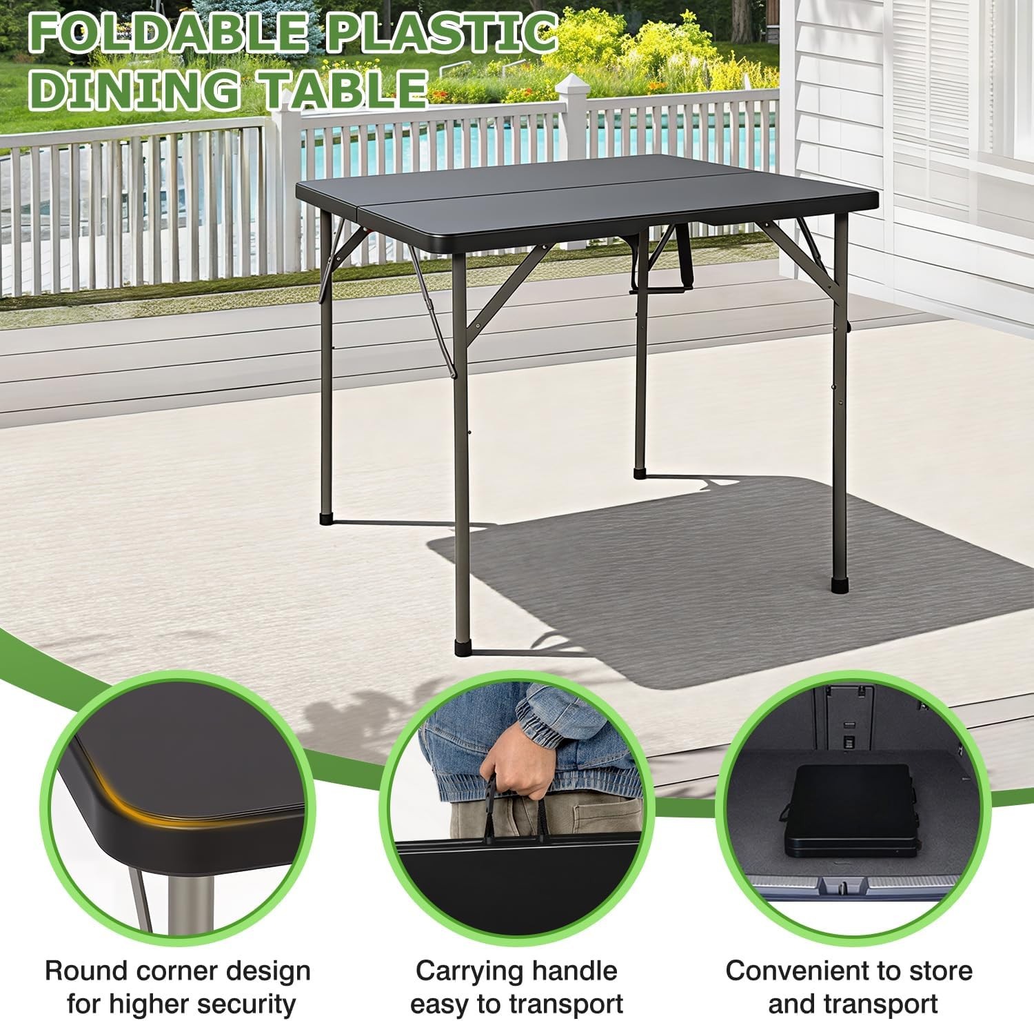 34" Folding Card Table Plastic Table Portable Square Height Dining Table, Black