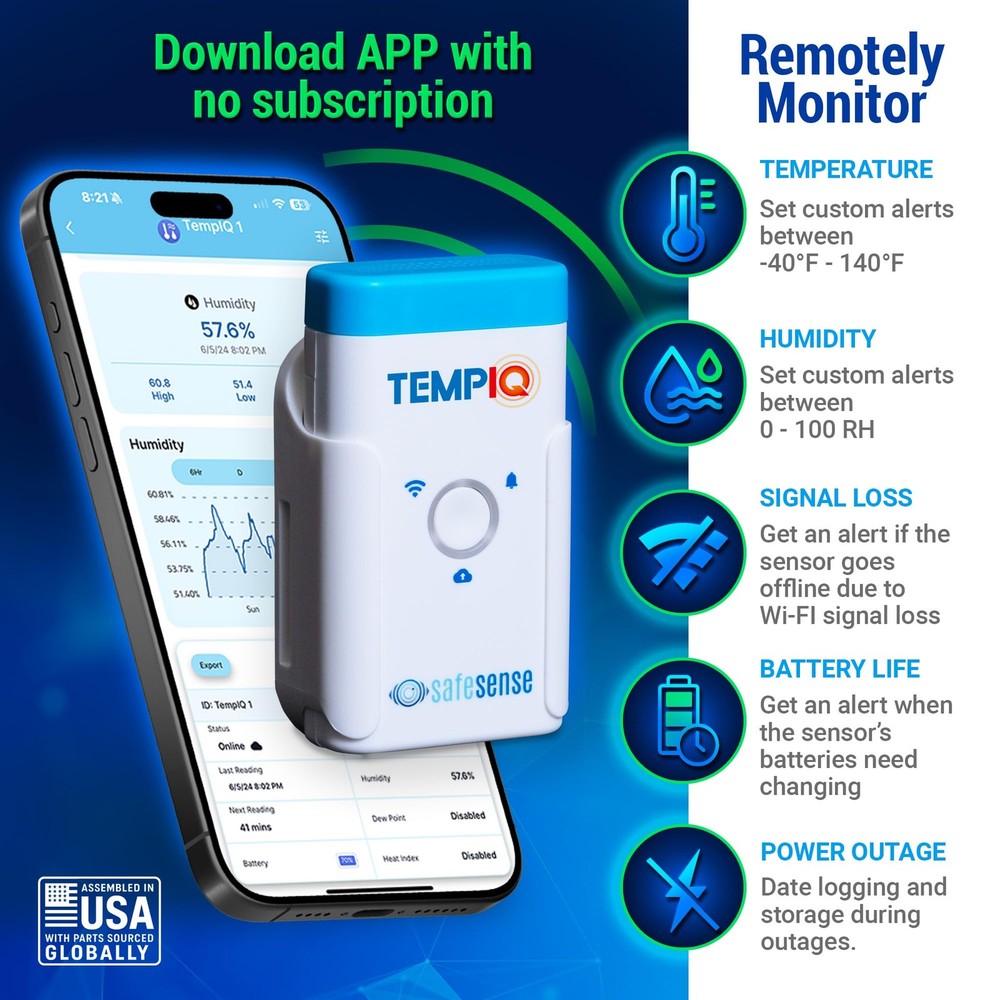 TEMPIQ Remote WiFi Temperature & Humidity Sensor - App Integration, Alerts,...