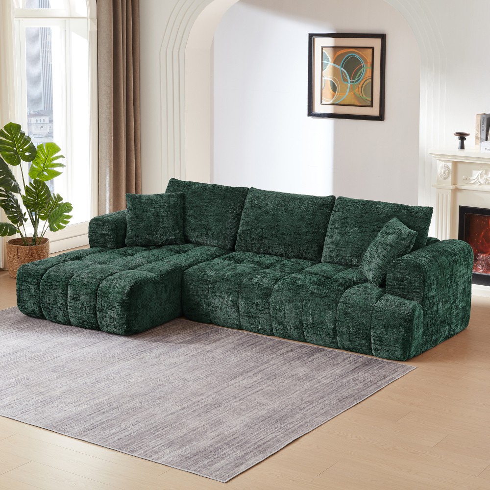 Chenille L-Shape Sectional Sofa Sleeper w/ No Assembly, Dark Green