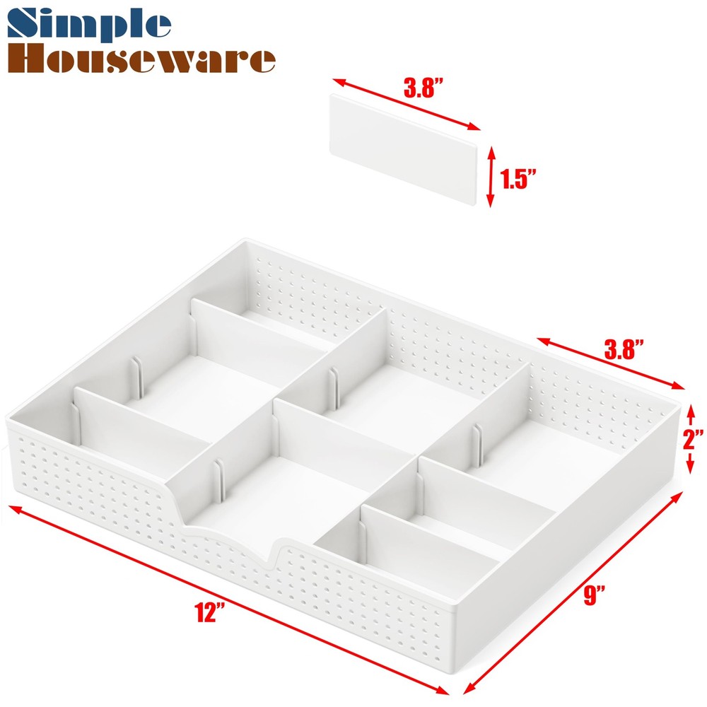 Drawer Organizer Tray with 9 Adjustable Compartments, White
