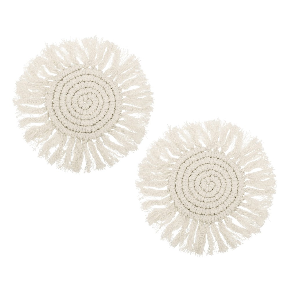 2Pcs Boho Coasters, Woven Drink Coasters with Tassel, Beige