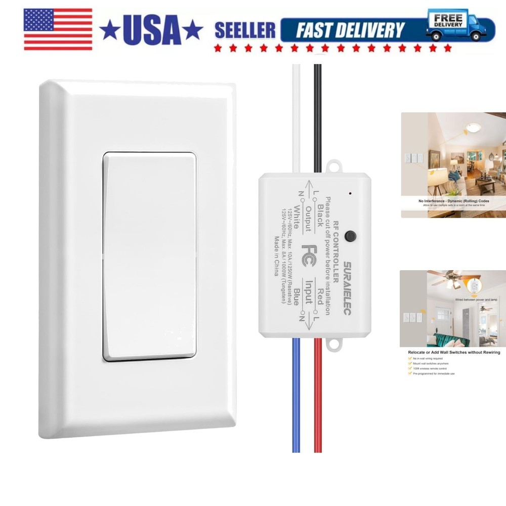Wireless Remote Light Switch, No Wiring, No WiFi, 100ft RF Range, Pre-Program...