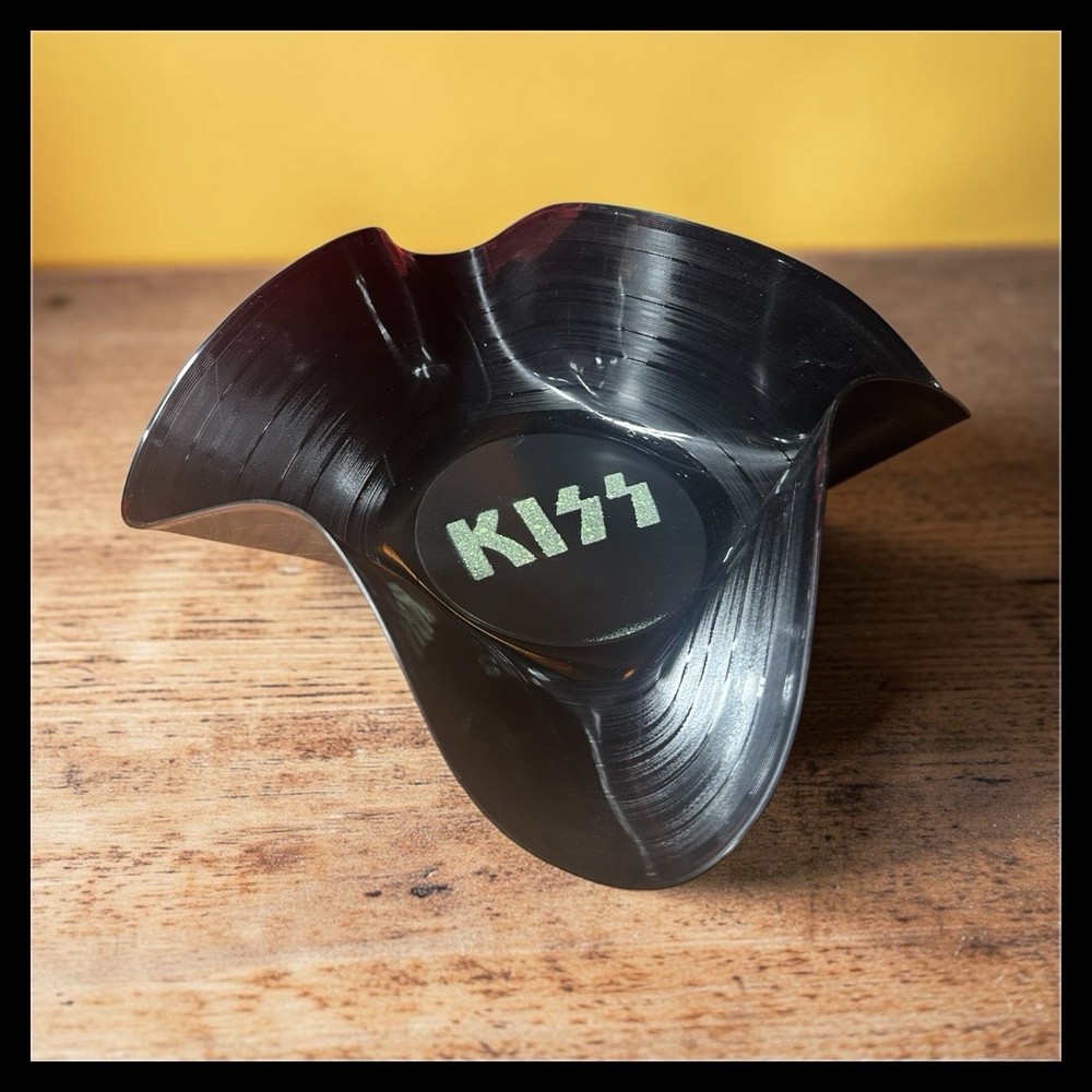 KISS Melted Vinyl Record Bowl Red Logo Upcycled Rock Decor