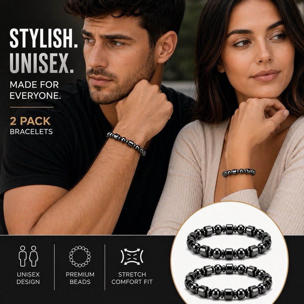 2pack Hematite Bead Bracelets Unisex Stretch Adjustable