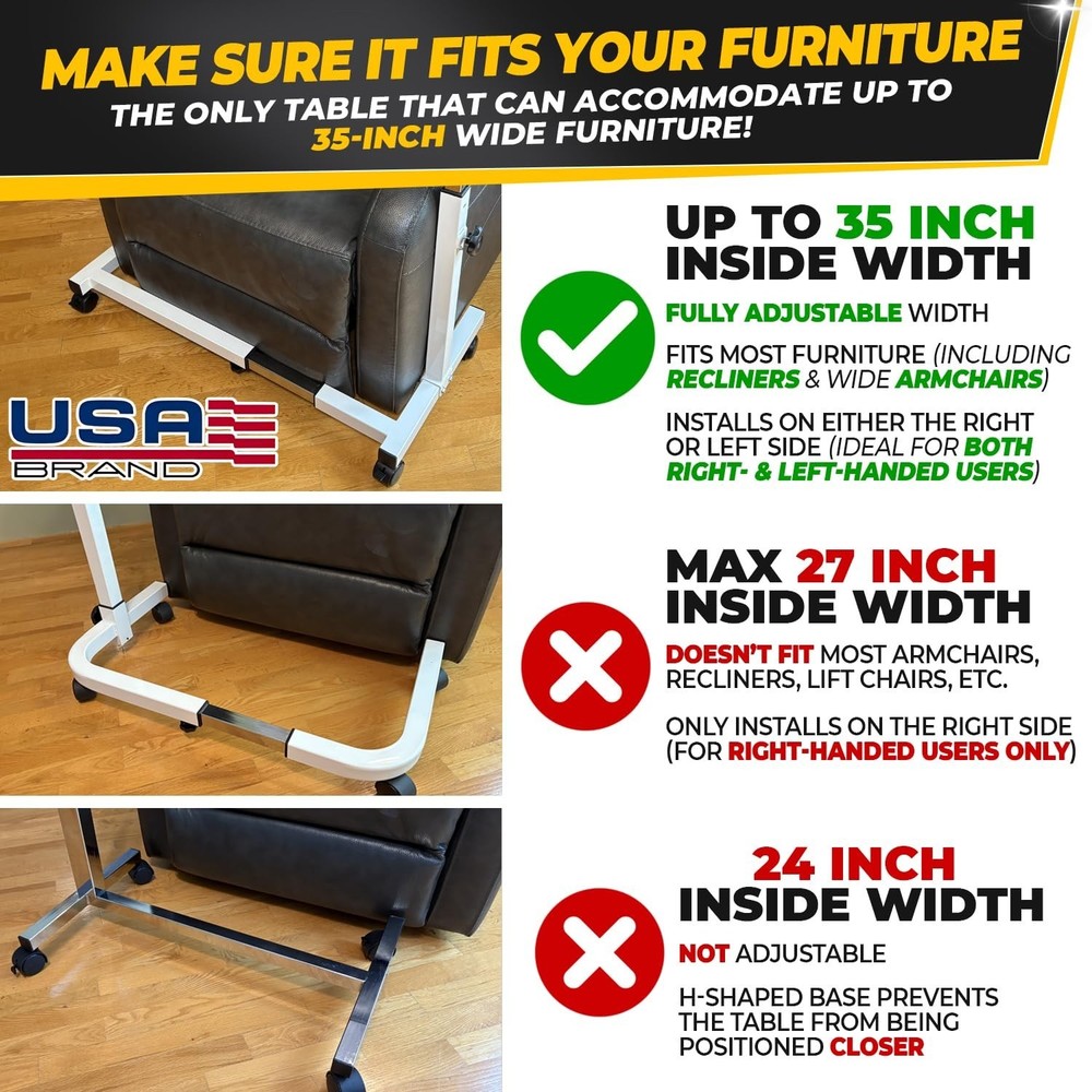 Recliner Table, Over the Bed Table with Wheels, Adjustable Width & Height, wi...