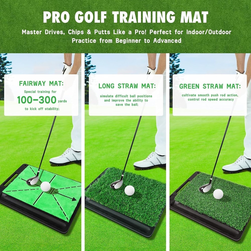 Golf Hitting Mat, 3-in-1 Golf Practice Mat, Replaceable Turf Golf Training Ma...