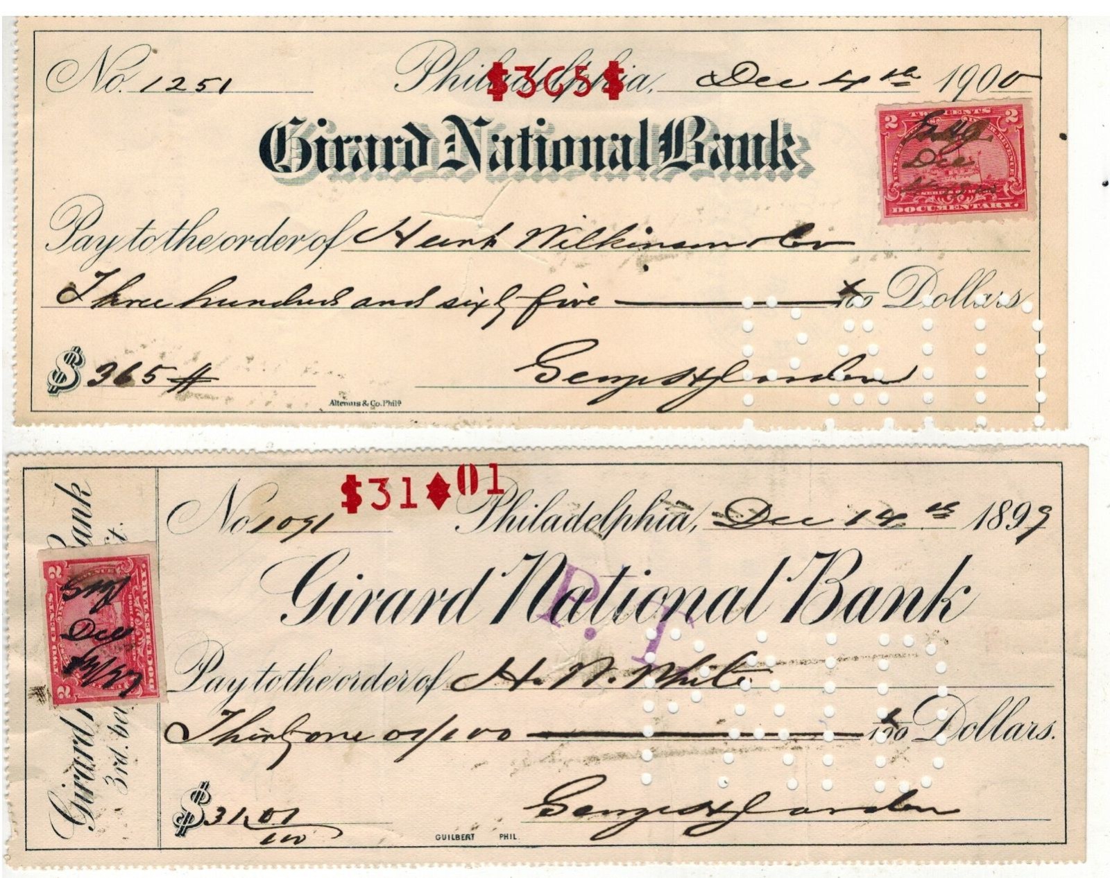#34 OLD BANK CHECKs PHILADELPHIA SET OF 2 GIRARD NATIONAL BANK 1899/1900