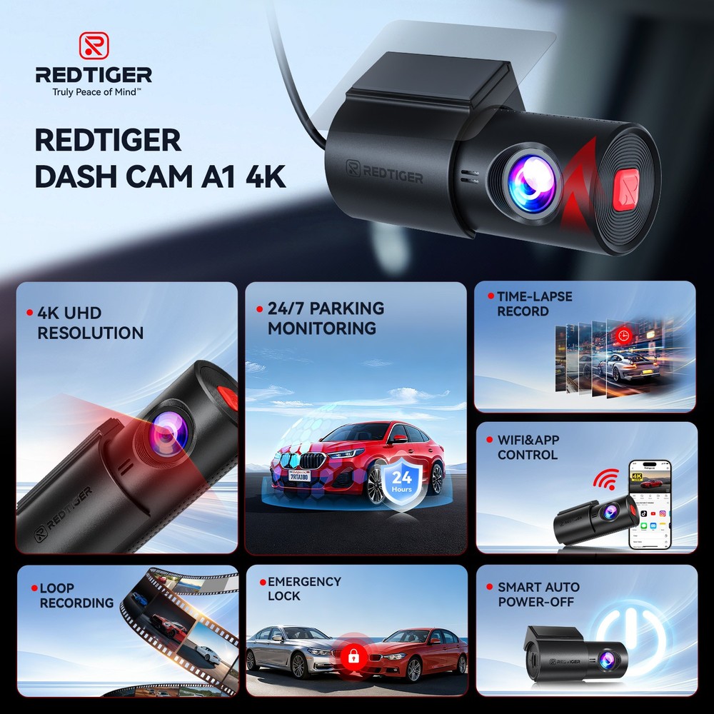 REDTIGER A1 4K Dash Cam APP Control Compact Mini Super Night Vision Hardwire kit
