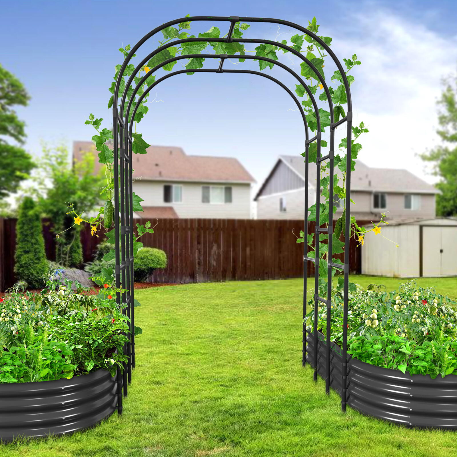 SLSY Galvanized Raised Garden Bed with 85in Tall Garden Trellis for Vegetables