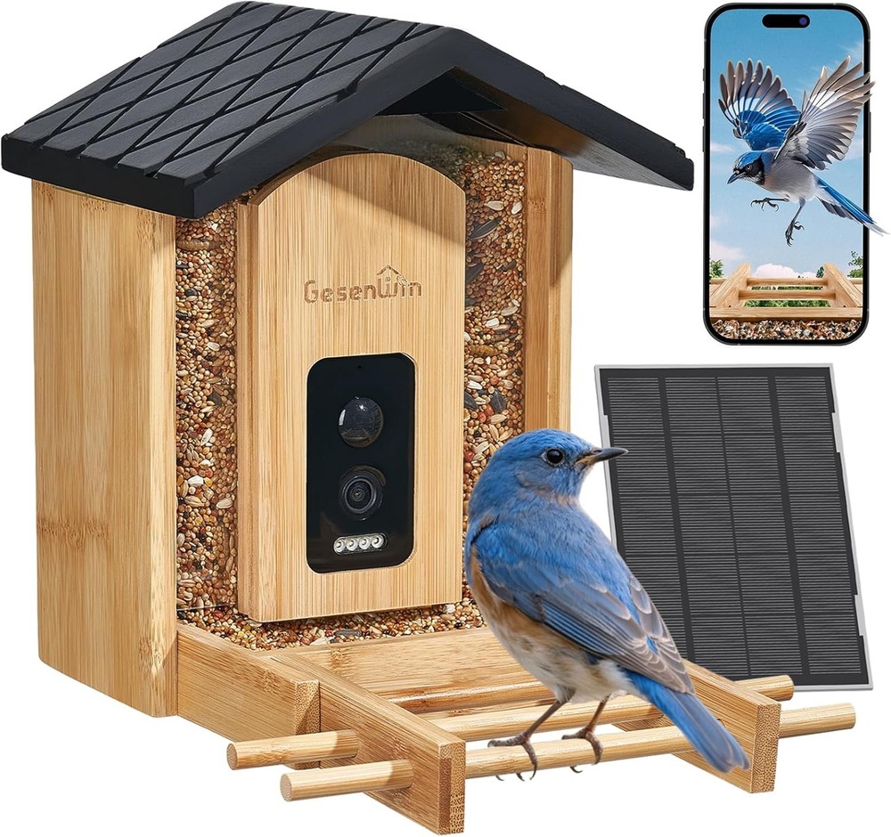 Eco-Friendly Bamboo Smart Bird Feeder W/ Camera & Solar Panel AI Identifies