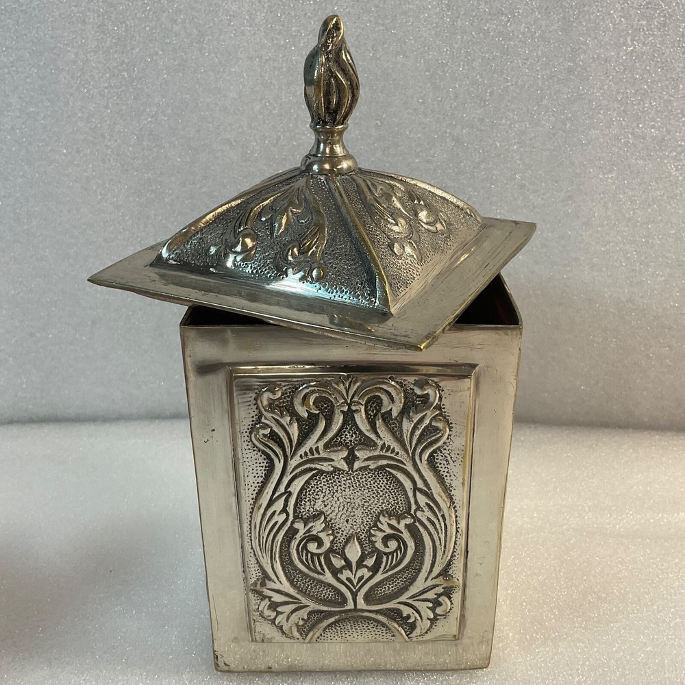 India Silver Plated Red Felt Lined 7.5" Tall Decorative Lined Trinket Box