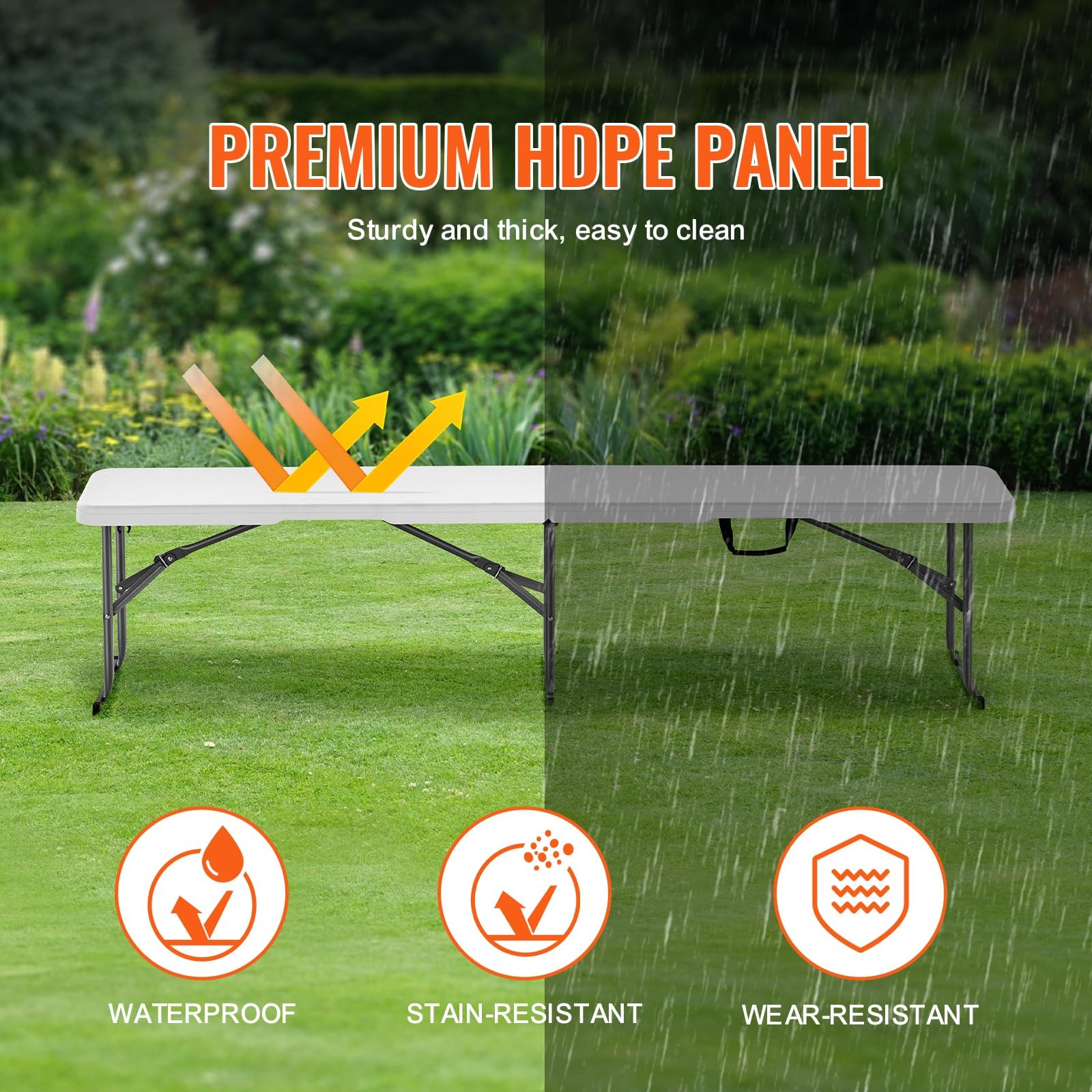 VEVOR Plastic Folding Bench, 6ft Portable Folding Bench, Smooth High Density Pol