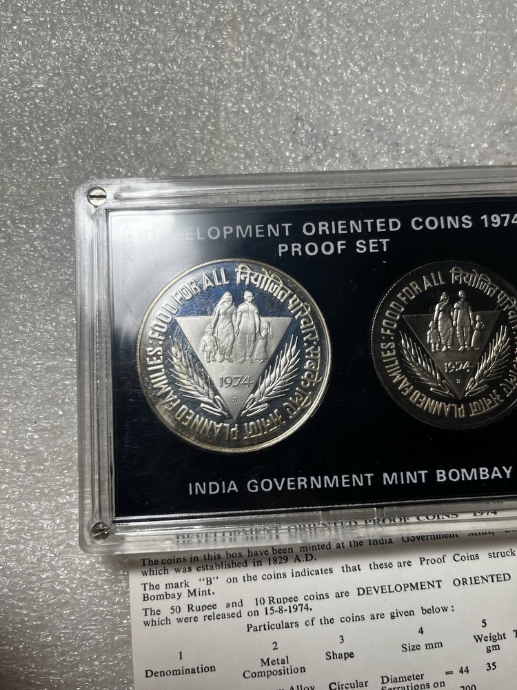 1974 India Development Oriented Proof Silver 2 Pc 50 & 10 Rupee Coins Set +Box