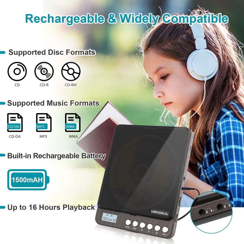 CD Player Portable, MONODEAL Portable Rechargeable CD Player with Dual