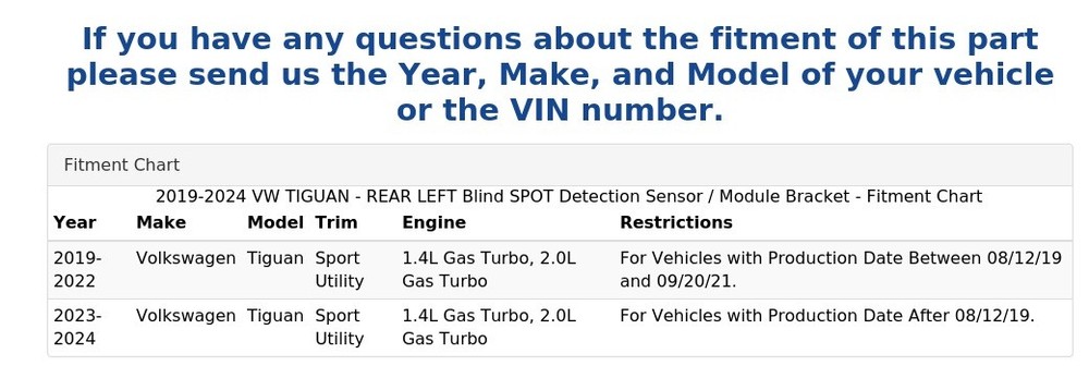 2019-2024 VW TIGUAN - REAR LEFT Blind SPOT Detection Sensor / Module Bracket