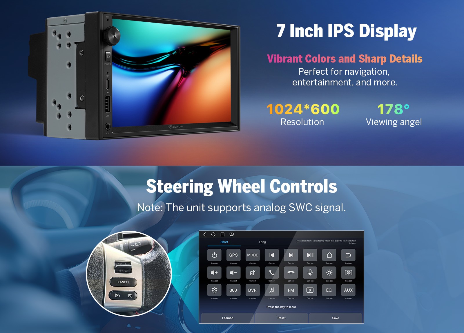 Android 14 7" IPS Double DIN GPS Wireless CarPlay Car Stereo Receiver BT 5.4 SWC