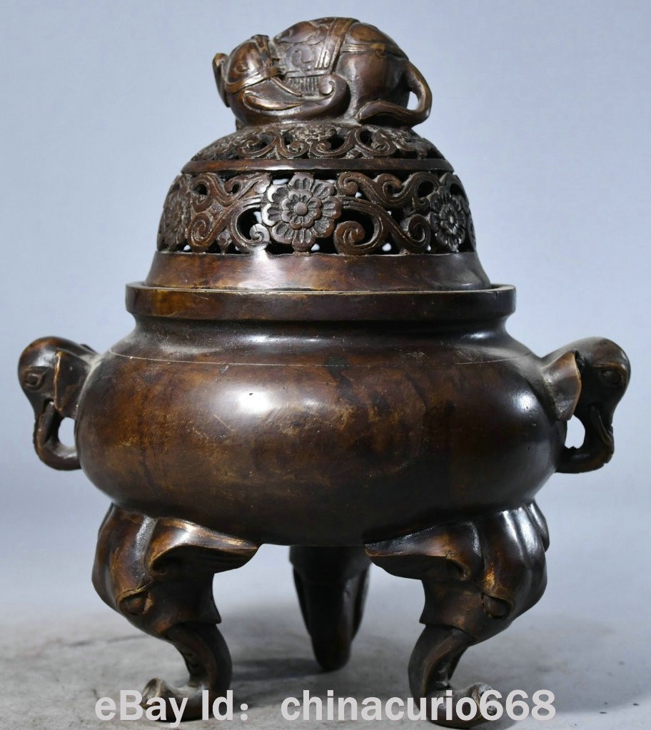 8" Marked Old China Copper Carving Dynasty Palace Elephant Ear Flower Censer