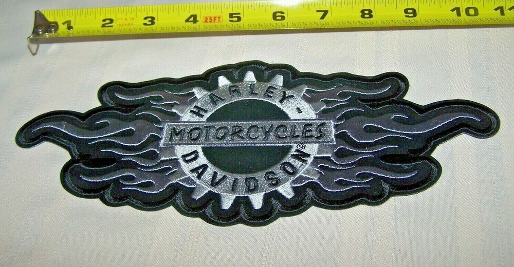Harley Davidson Flame Bar & Shield Black Silver Back Vest Patch 11 x 5