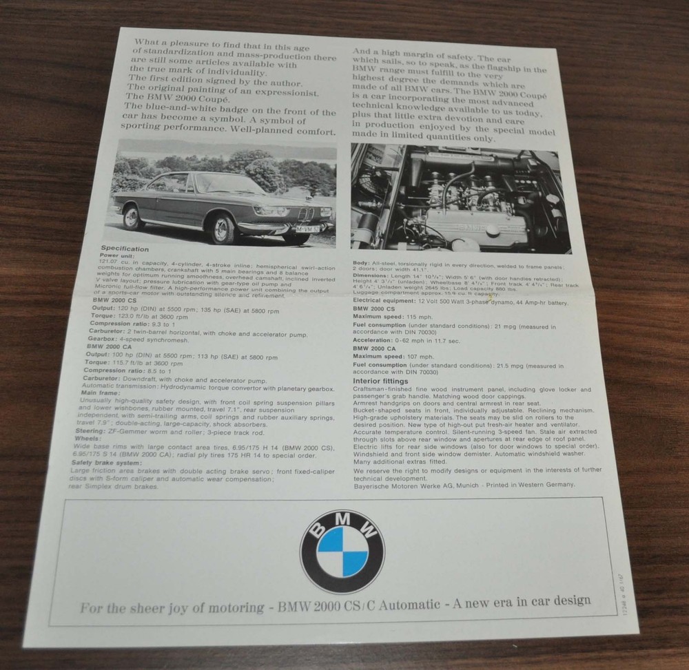 1967 BMW 2000 CS/C Automatic Brochure Prospekt EN