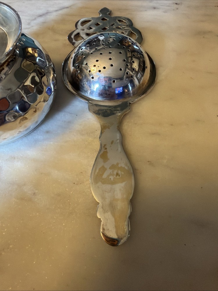 Antique Loose Tea Bag Strainer Basket Silverplate Spoon and Bowl