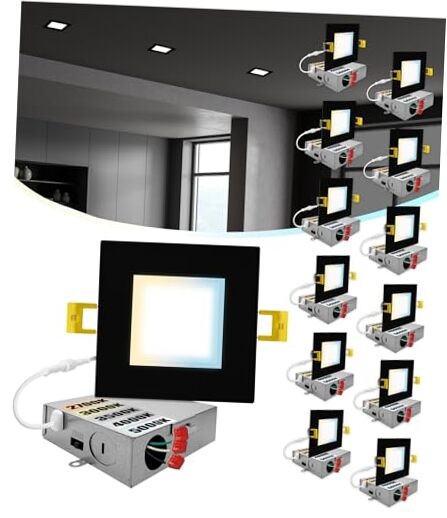 12 Pack 4 Inch Square Ultra-Thin LED Recessed Lighting, Selectable