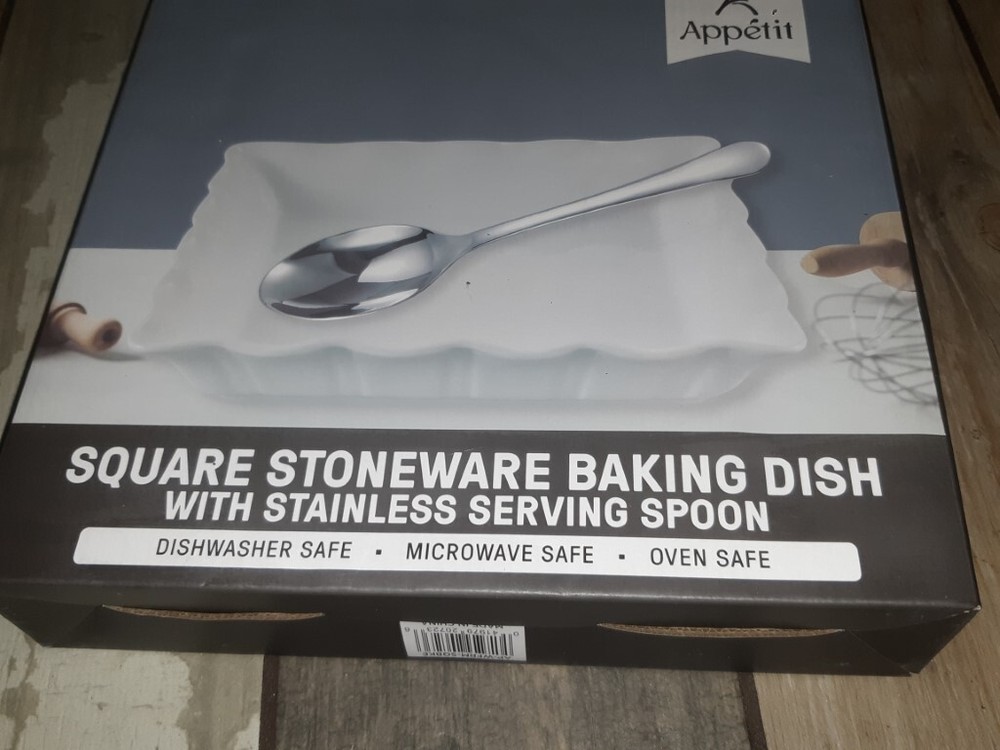 Appetit Square Stoneware Baking Dish w/Stainless Serving Spoon White NEW