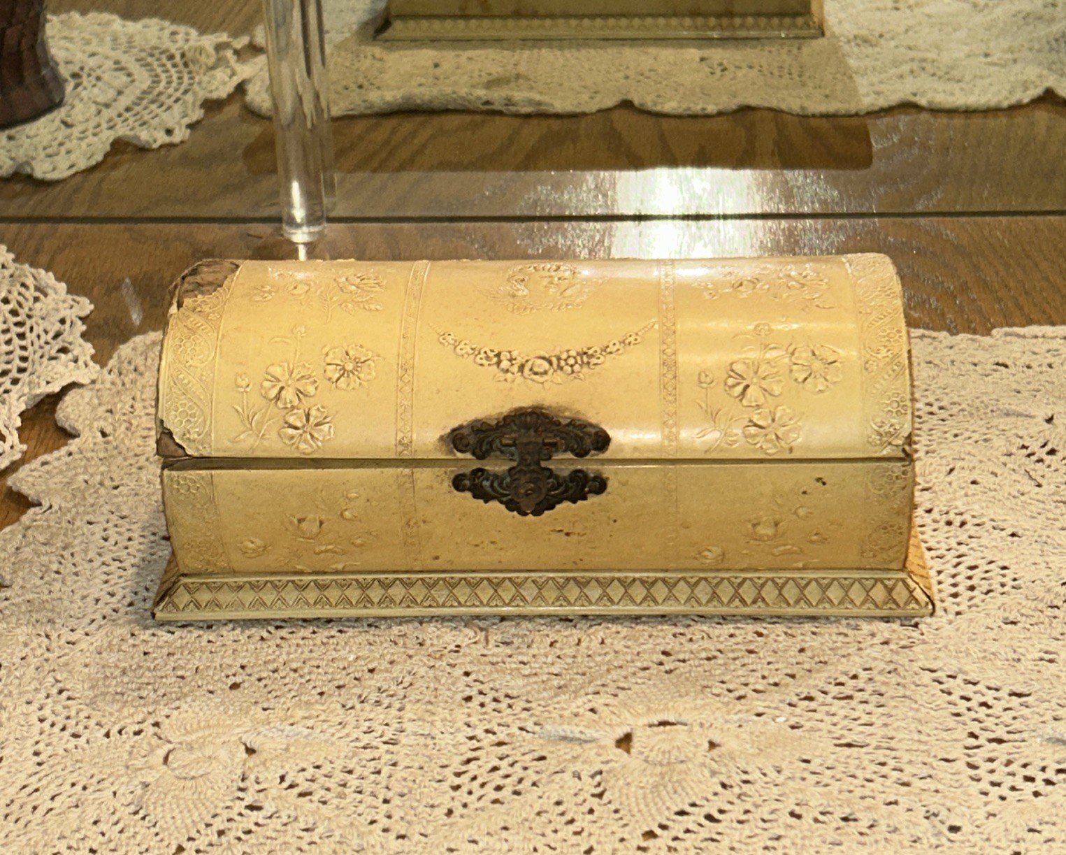 Antique Jewelry Box Engraved Angel Celluloid Wrapped Wood 9x 3.75 Oval Quite Old