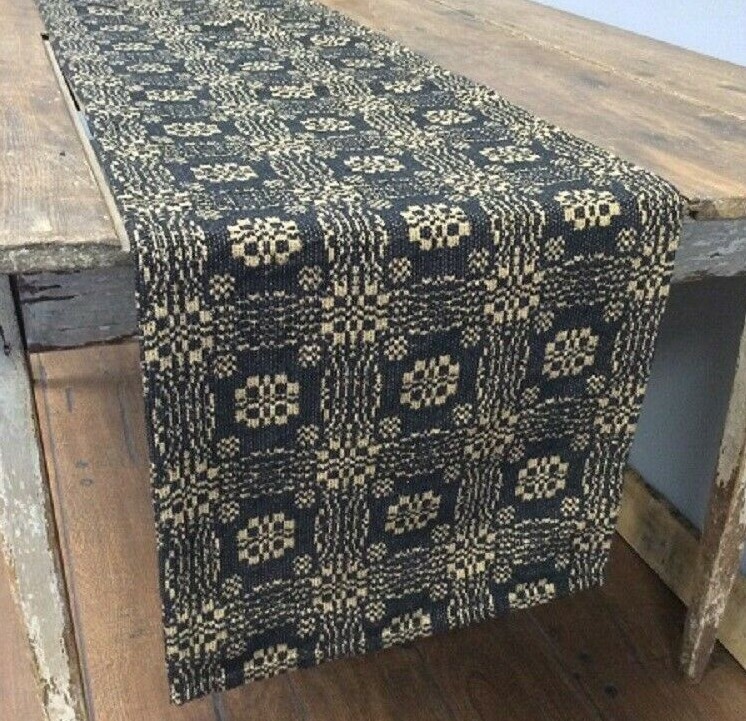 NEW PRIMITIVE BLACK TAN TABLE RUNNER 32" x 14" GETTYSBURG WOVEN Farmhouse Rustic