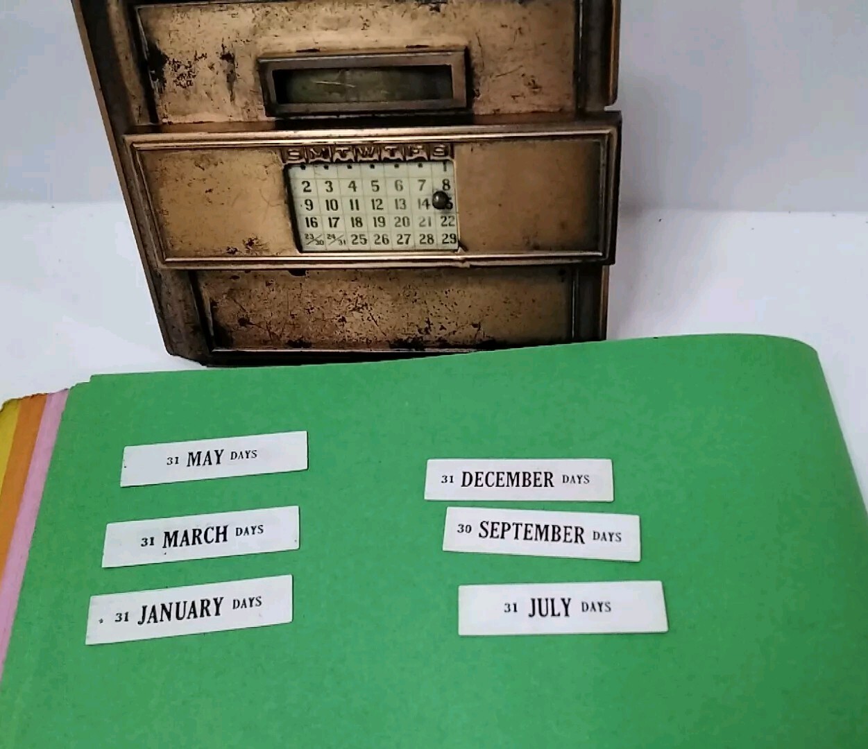 Antique Perpetual Calendar 1916 J.E Mergott NJ Clipboard Note Holder copper desk