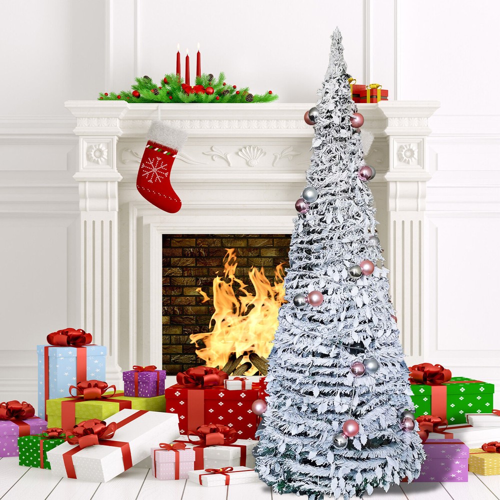 Pre-Lit Tree 6FT Artificial Foldable Snow Flocked Christmas Tree Home Decor