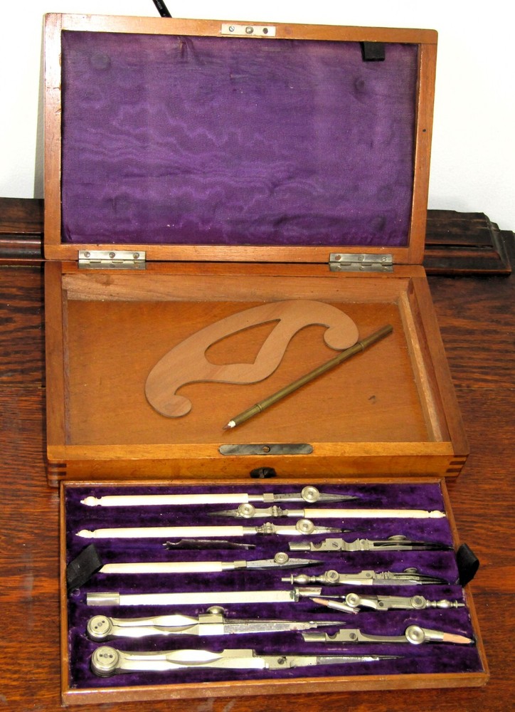 Antique Vintage Walnut Box Draftsman Drawing Set Geometry Technical Engineering