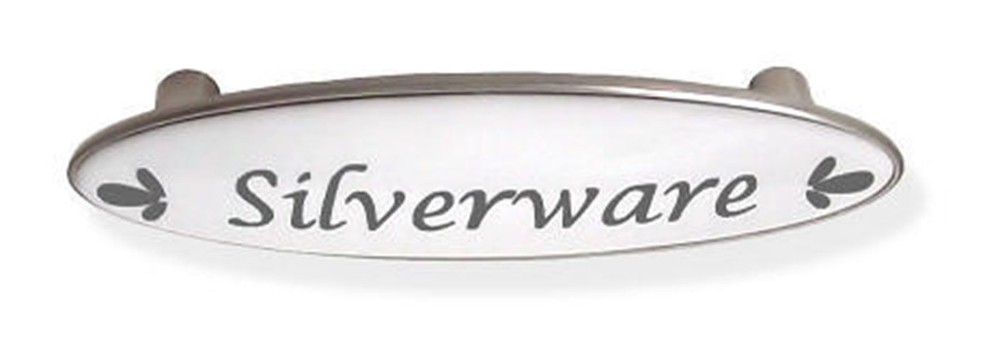 3" Silverware Drawer Pull Blue-Gray Script Satin Nickel